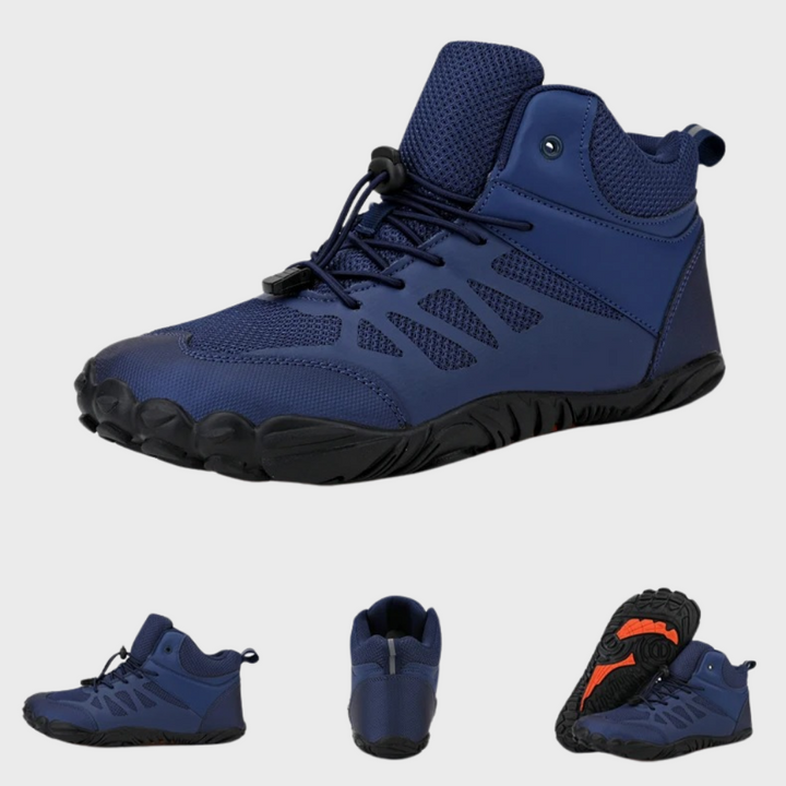Blauwe minimalistische wandelschoen met vetersluiting, ademend mesh en duurzame rubberen zool. Ideaal voor outdooractiviteiten en dagelijks gebruik.