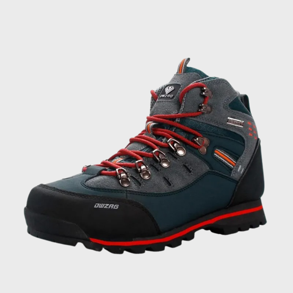 Wandelschoen voor heren, grijs met rode veters, waterdicht, ademend, stevige grip, ideaal voor trekking en outdoor activiteiten.