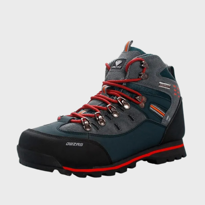 Wandelschoen voor heren, grijs met rode veters, waterdicht, ademend, stevige grip, ideaal voor trekking en outdoor activiteiten.