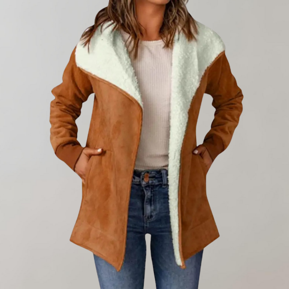Dames winterjas, bruin suède met witte fleece voering, lange mouwen, casual stijl, perfect voor herfst en winter, modieuze warme jas.