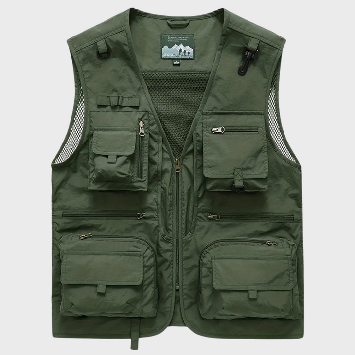 Groene tactische vest met meerdere zakken, ideaal voor outdooractiviteiten. Lichtgewicht, ademend materiaal, perfect voor vissen en wandelen.