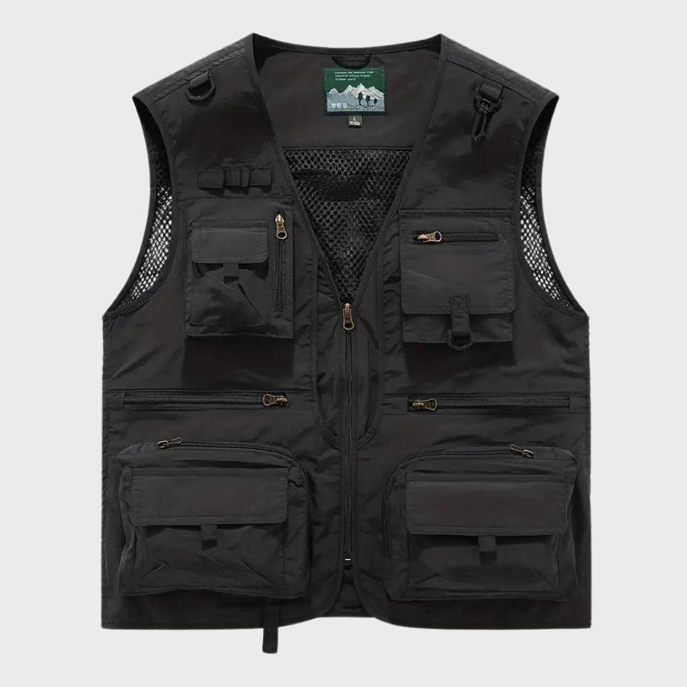 Zwarte tactische vest met meerdere zakken, ritssluiting en mesh voering. Ideaal voor outdoor activiteiten, vissen en fotografie. Unisex ontwerp.