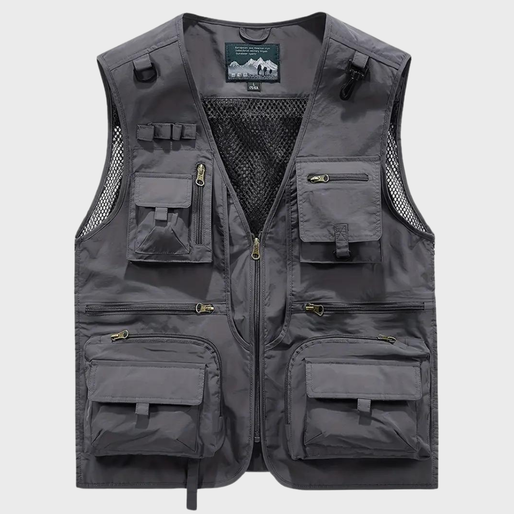 Grijze multifunctionele outdoor vest met meerdere zakken, ideaal voor vissen, wandelen en kamperen. Duurzaam materiaal, praktische ritsen.