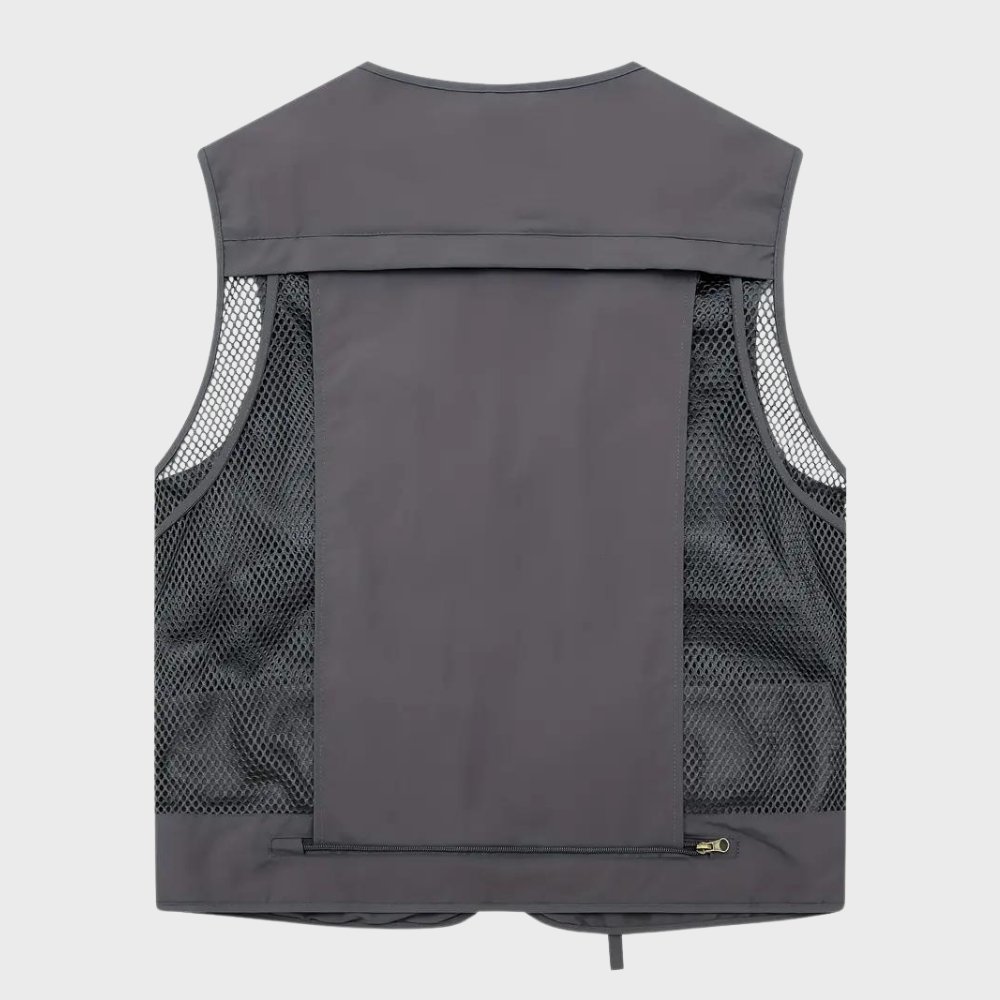 Grijze heren bodywarmer met mesh panelen, ritssluiting en zakken. Ideaal voor outdoor activiteiten. Comfortabele en ademende stof.