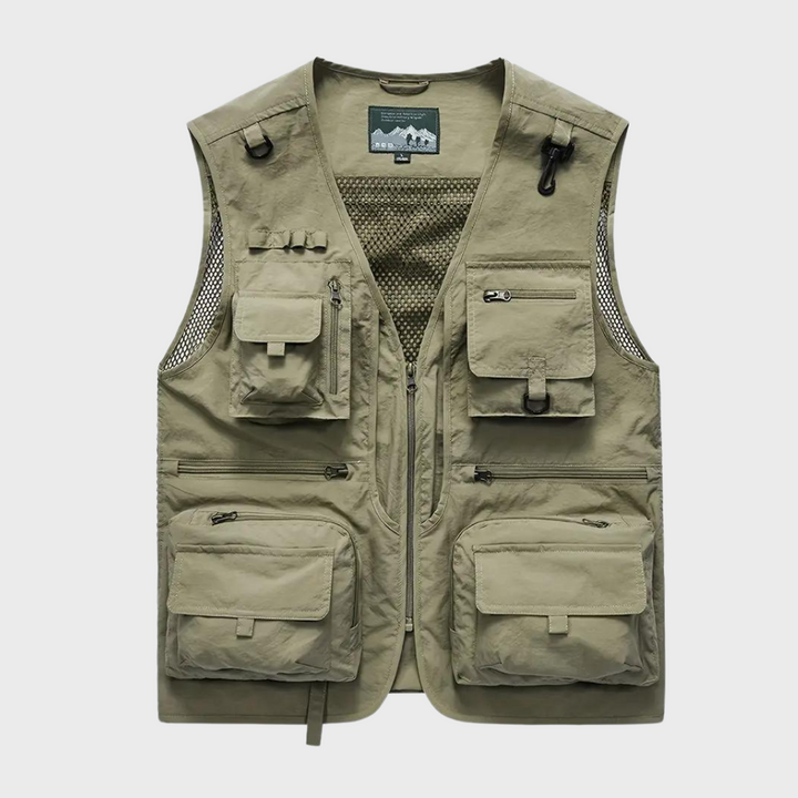 Khaki outdoor vest met meerdere zakken, ideaal voor vissen en wandelen. Lichtgewicht, ademend materiaal. Perfect voor avontuurlijke activiteiten.