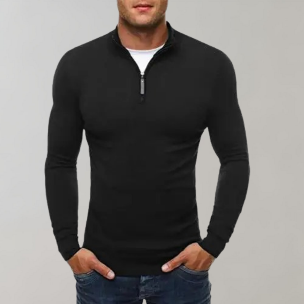 Zwarte herentrui met halve rits, lange mouwen en aansluitende pasvorm. Perfect voor casual en stijlvolle outfits. Comfortabele en moderne look.