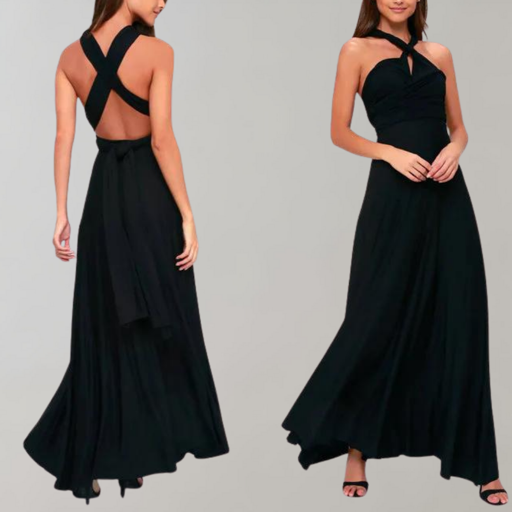 Zwarte lange jurk met gekruiste rugbanden en vloeiende rok, elegante avondjurk voor dames, perfect voor formele gelegenheden en feesten.