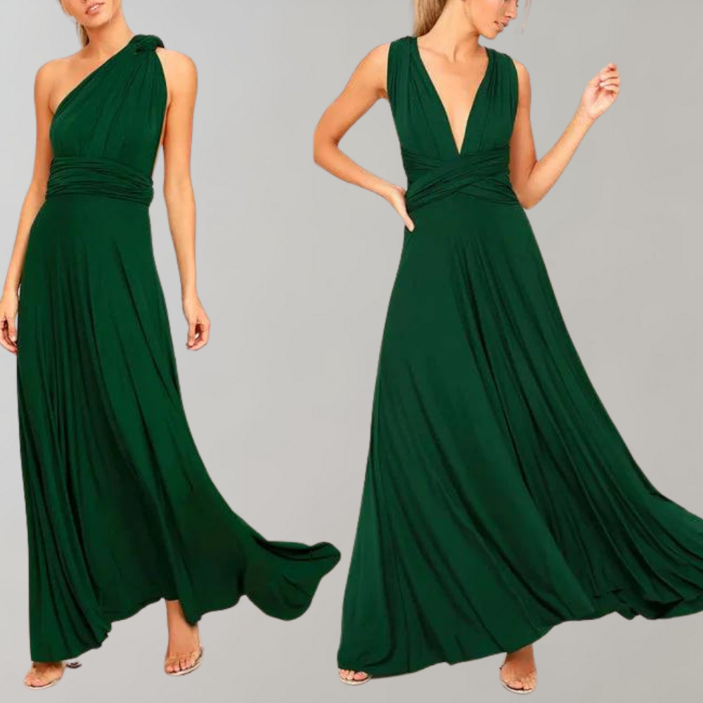 Groene avondjurk met één schouder en diepe V-hals, vloeiende stof, elegante uitstraling. Perfect voor galafeesten en speciale gelegenheden.