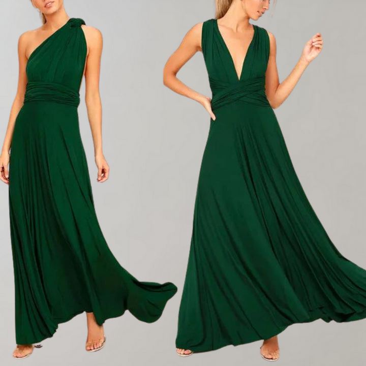 Groene avondjurk met één schouder en diepe V-hals, vloeiende stof, elegante uitstraling. Perfect voor galafeesten en speciale gelegenheden.