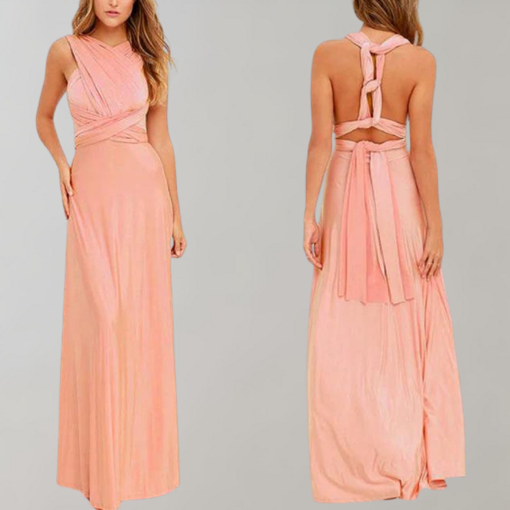 Roze avondjurk met open rug en gedrapeerde details, elegante lange jurk voor speciale gelegenheden, modieuze dameskleding.