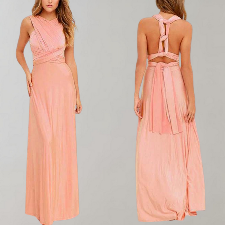 Roze avondjurk met open rug en gedrapeerde details, elegante lange jurk voor speciale gelegenheden, modieuze dameskleding.