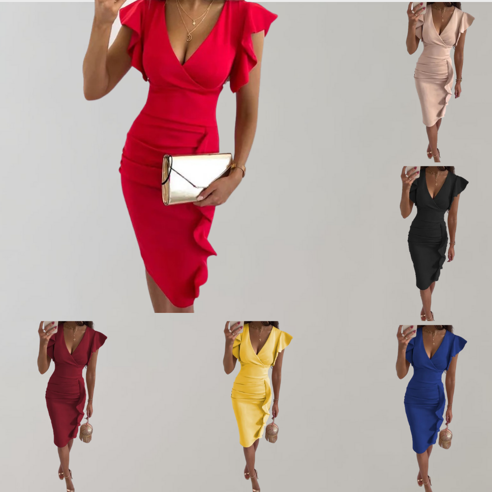 Vrouw in elegante rode jurk met diepe V-hals en ruches, gecombineerd met gouden clutch. Beschikbaar in meerdere kleuren: roze, zwart, bordeaux, geel, blauw.