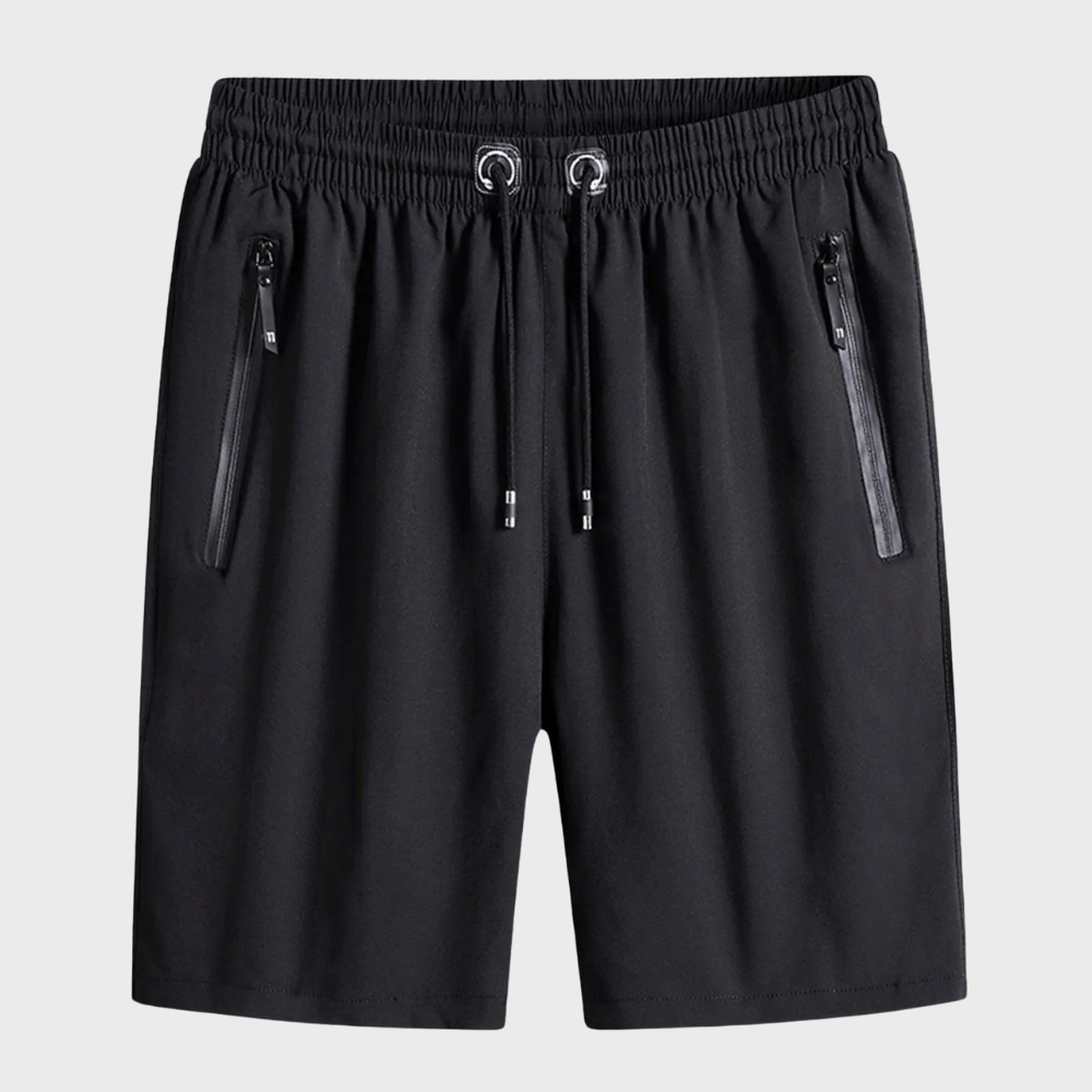 Zwarte sportshorts met elastische tailleband, trekkoord en ritszakken. Ideaal voor heren, comfortabel en stijlvol voor sport en vrije tijd.
