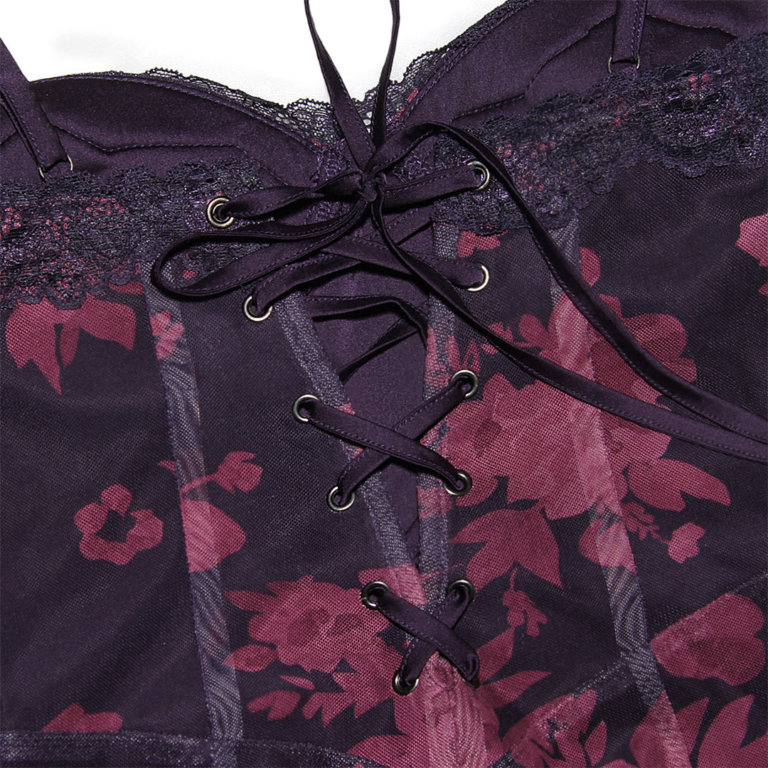 Paarse kanten bustier met bloemenprint en vetersluiting, sexy lingerie, romantisch design, perfecte pasvorm, verleidelijk en elegant.