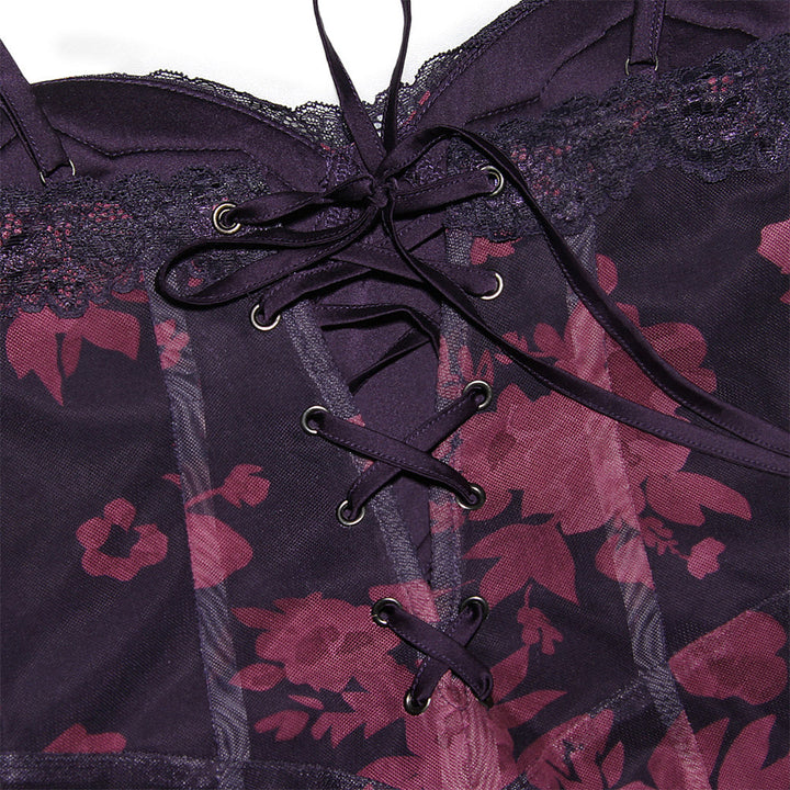 Paarse kanten bustier met bloemenprint en vetersluiting, sexy lingerie, romantisch design, perfecte pasvorm, verleidelijk en elegant.