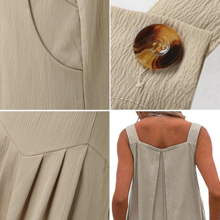 Beige linnen zomerjurk met plooien en bruine knoop, mouwloos ontwerp, rugdetail. Perfect voor casual en elegante zomermode.
