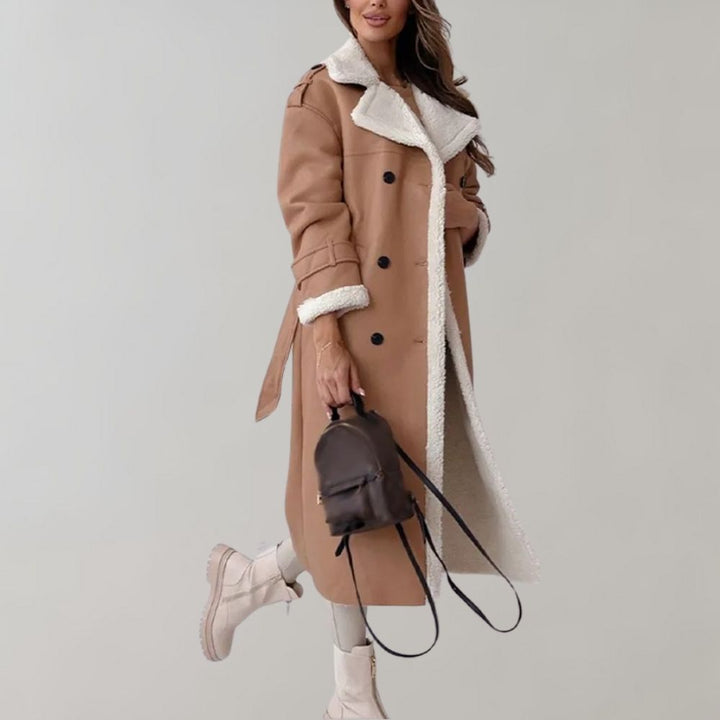 Dames winterjas met schapenvachtkraag, bruin, lange stijl, dubbele rij knopen, modieuze warme jas, perfect voor koude seizoenen.
