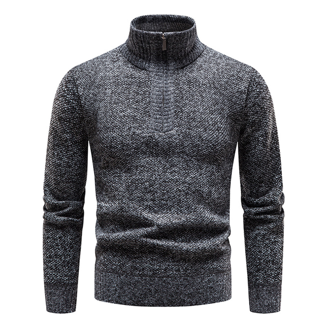 Donkergrijze herentrui met halve rits, gebreid patroon, warme winterkleding, stijlvolle en comfortabele pasvorm, ideaal voor casual en formele gelegenheden.