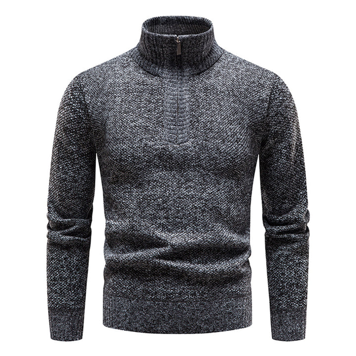Donkergrijze herentrui met halve rits, gebreid patroon, warme winterkleding, stijlvolle en comfortabele pasvorm, ideaal voor casual en formele gelegenheden.