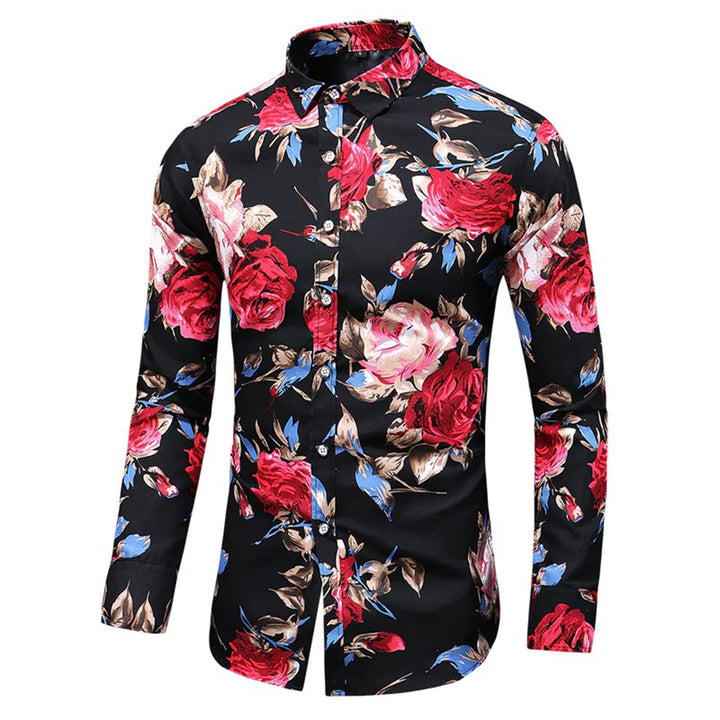 Bloemenhemd voor mannen met lange mouwen, zwart met rode en blauwe bloemenprint. Stijlvol en modieus overhemd voor heren.