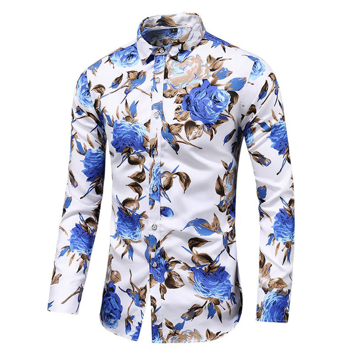 Stijlvol herenoverhemd met blauwe bloemenprint, lange mouwen en knoopsluiting. Perfect voor modieuze casual en formele gelegenheden.