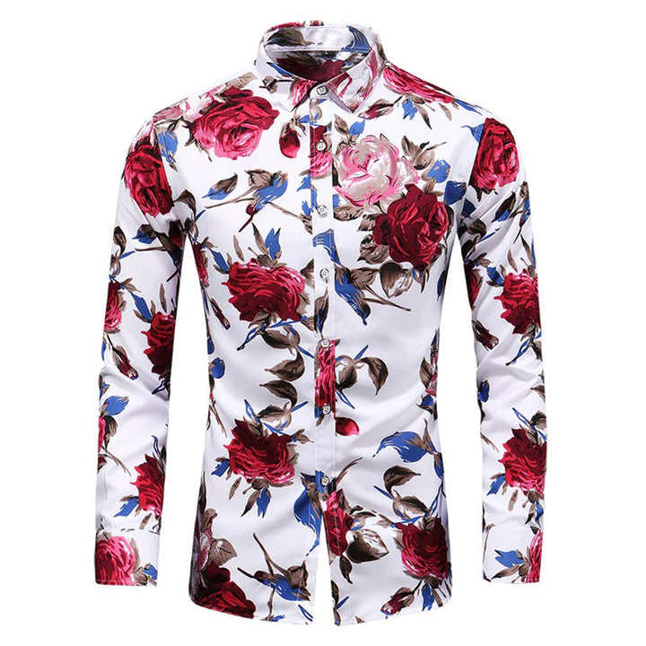 Wit herenoverhemd met kleurrijke bloemenprint, lange mouwen en knoopsluiting. Stijlvol en modieus voor casual en formele gelegenheden.