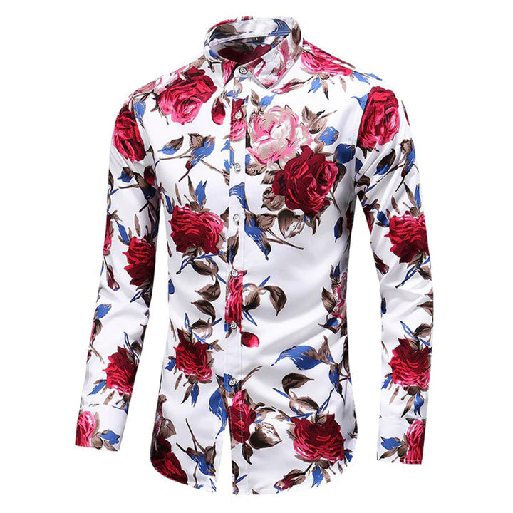 Wit herenbloemenhemd met lange mouwen, rode en blauwe bloemenprint. Stijlvol en modieus overhemd voor mannen, perfect voor casual en formele gelegenheden.
