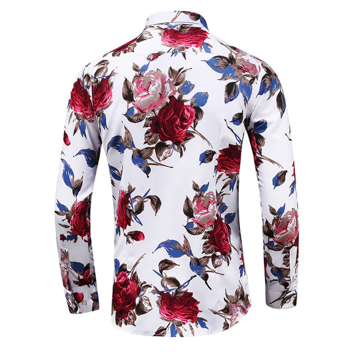 Bloemenhemd voor mannen met rode en blauwe bloemen op witte achtergrond, lange mouwen, casual stijl. Perfect voor modieuze herenoutfits.