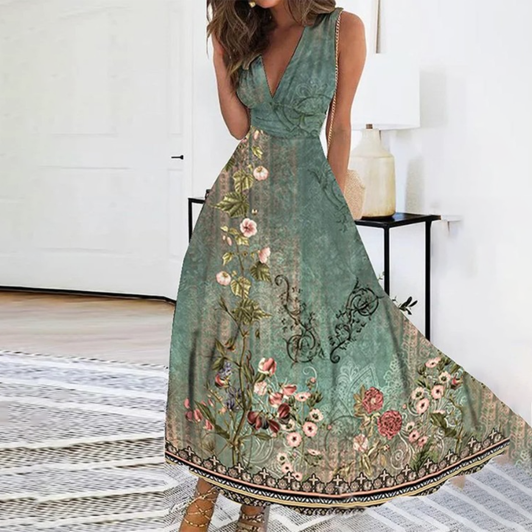 Elegante bloemenjurk voor dames, groen met kleurrijke bloemenprint, mouwloos en V-hals, perfect voor zomer en casual gelegenheden.