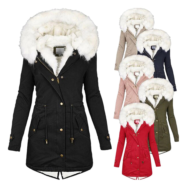 Lange dames winterjas met capuchon, bontkraag en knopen, verkrijgbaar in zwart, beige, roze, blauw, rood en groen. Warme en stijlvolle parka.