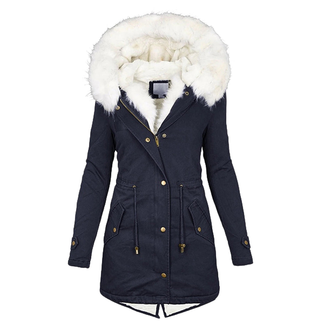 Donkerblauwe dames winterjas met witte bontkraag, lange mouwen en goudkleurige knopen. Stijlvolle en warme jas voor koude seizoenen.