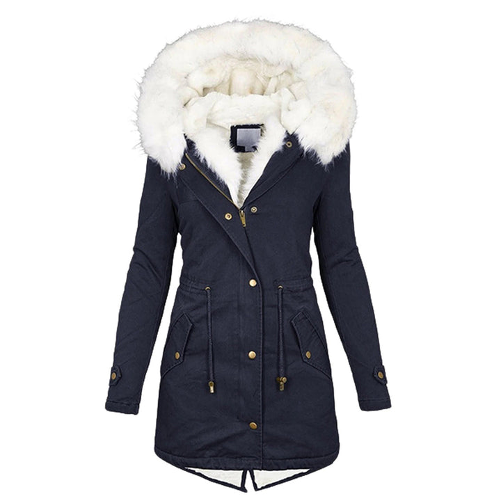 Donkerblauwe dames winterjas met witte bontkraag, lange mouwen en goudkleurige knopen. Stijlvolle en warme jas voor koude seizoenen.