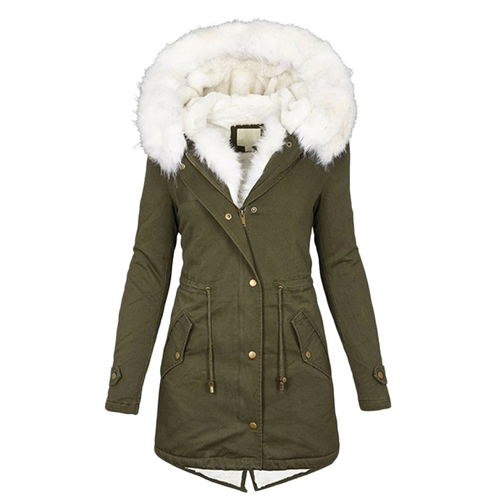 Lange dames winterjas met capuchon, olijfgroen, gevoerd met witte bontkraag. Stijlvolle en warme parka voor koude seizoenen.
