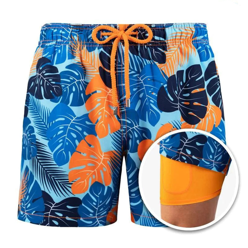 Stijlvolle heren zwembroek met blauw-oranje tropisch bladpatroon, elastische tailleband en binnenvoering. Perfect voor zomerse stranddagen.
