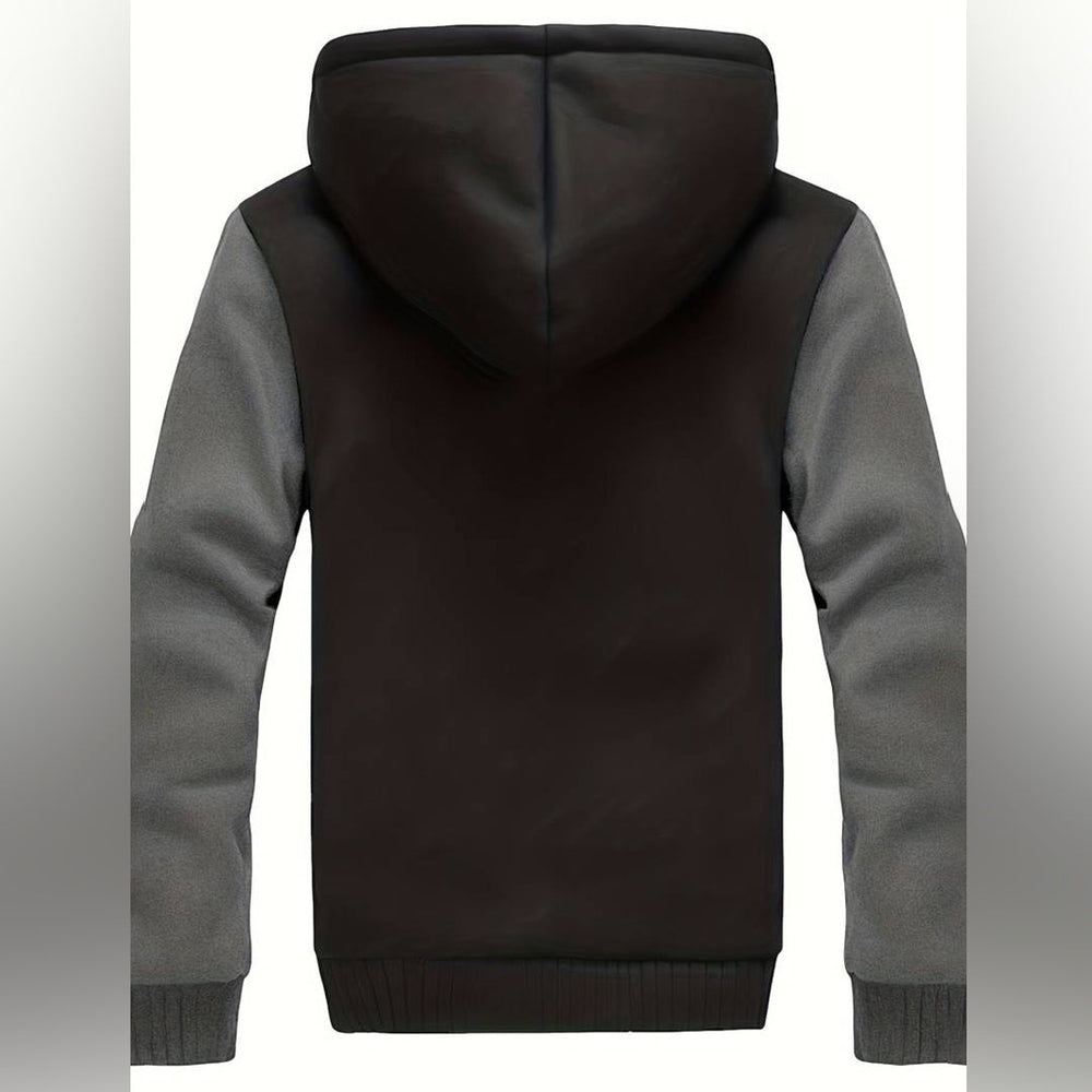 Zwarte en grijze hoodie met capuchon, uniseks, achterkant. Comfortabele streetwear, ideaal voor casual outfits. Perfect voor herfst en winter.