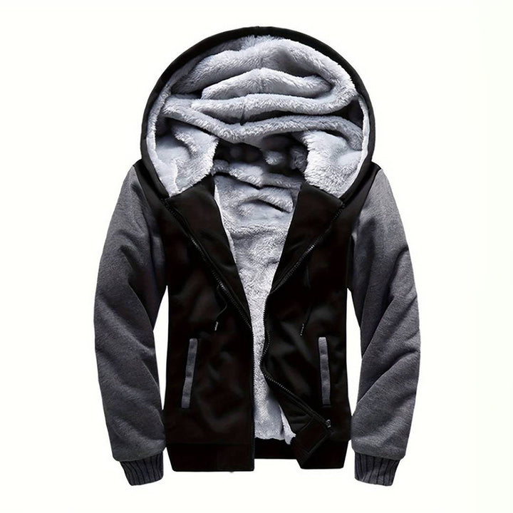 Zwarte en grijze heren winterjas met capuchon, gevoerd met zachte fleece. Warme jas voor koude dagen, ideaal voor casual wintermode.