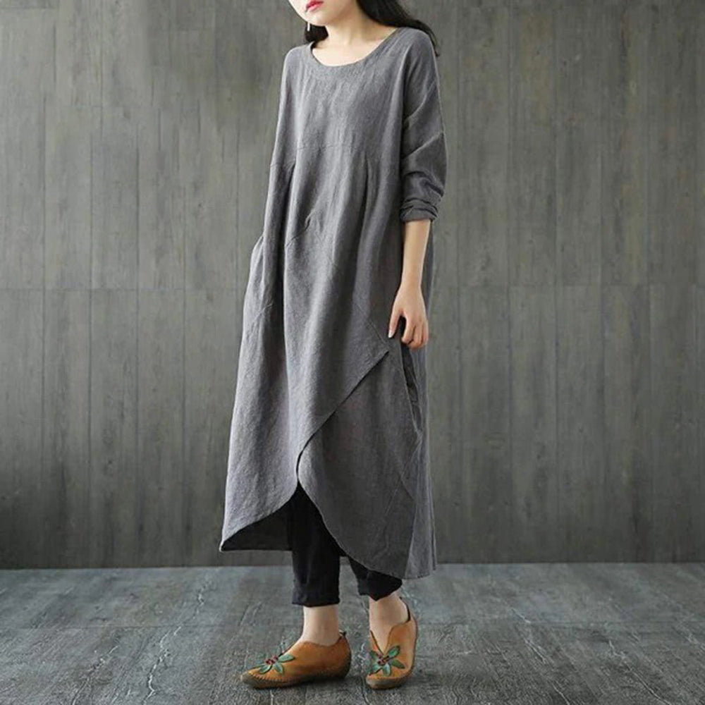 Grijze asymmetrische linnen jurk voor dames, lange mouwen, casual stijl, comfortabele pasvorm, ideaal voor lente en herfst, modieuze kleding.