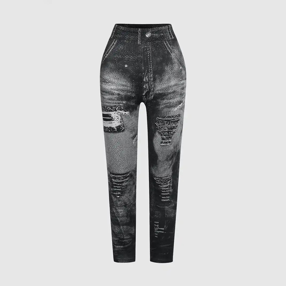 Grijze damesjeans met hoge taille, vintage look en distressed details. Perfect voor casual outfits. Trendy mode, comfortabele pasvorm.