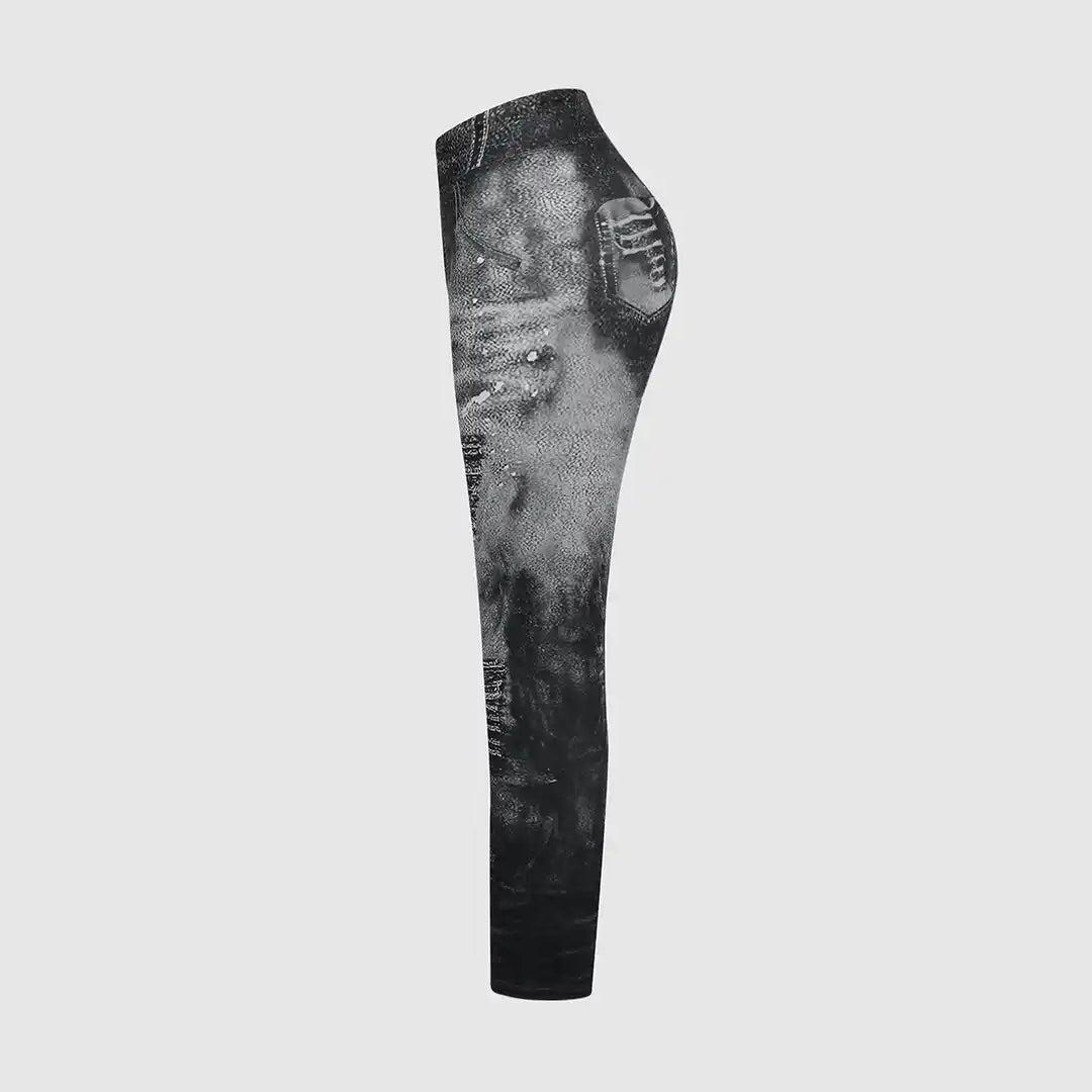 Grijze dameslegging met abstract patroon, hoge taille en elastische pasvorm. Perfect voor sport en casual outfits. Comfortabele en stijlvolle activewear.