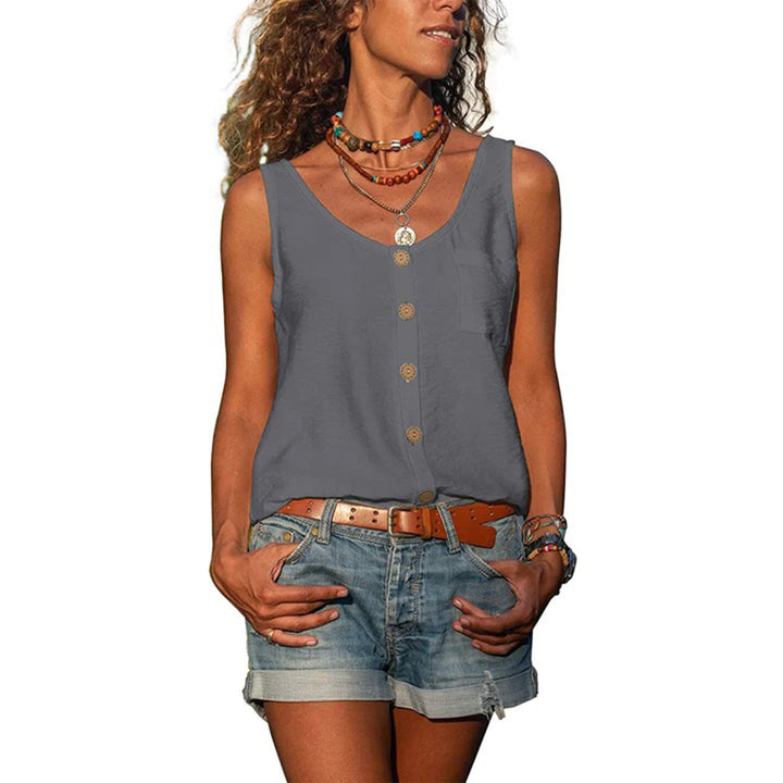 Grijze dames top met knoopsluiting, mouwloos, casual stijl. Perfect voor zomeroutfits. Gemaakt van lichtgewicht stof, ideaal voor warme dagen.