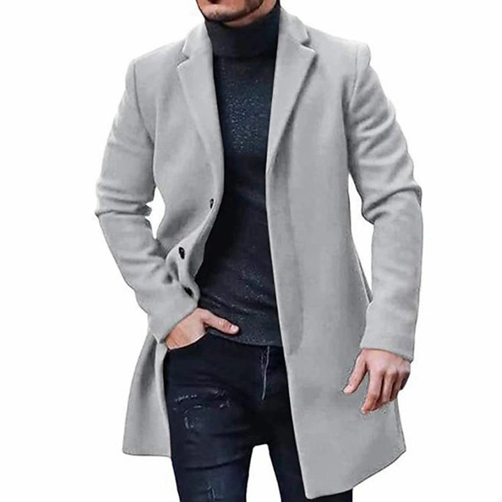 Grijze herenjas, stijlvolle lange winterjas, elegante wollen mantel, geschikt voor casual en formele gelegenheden, modieuze herenkleding.