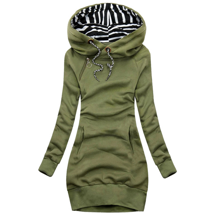 Groene dames hoodie jurk met capuchon, gestreepte voering en trekkoord. Comfortabele casual mode, ideaal voor herfst en winter.