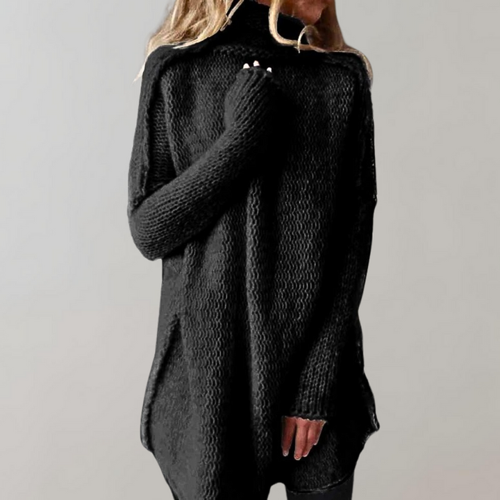 Lange zwarte damestrui met hoge kraag, gebreid patroon, casual stijl. Perfect voor herfst en winter. Comfortabele en modieuze dameskleding.