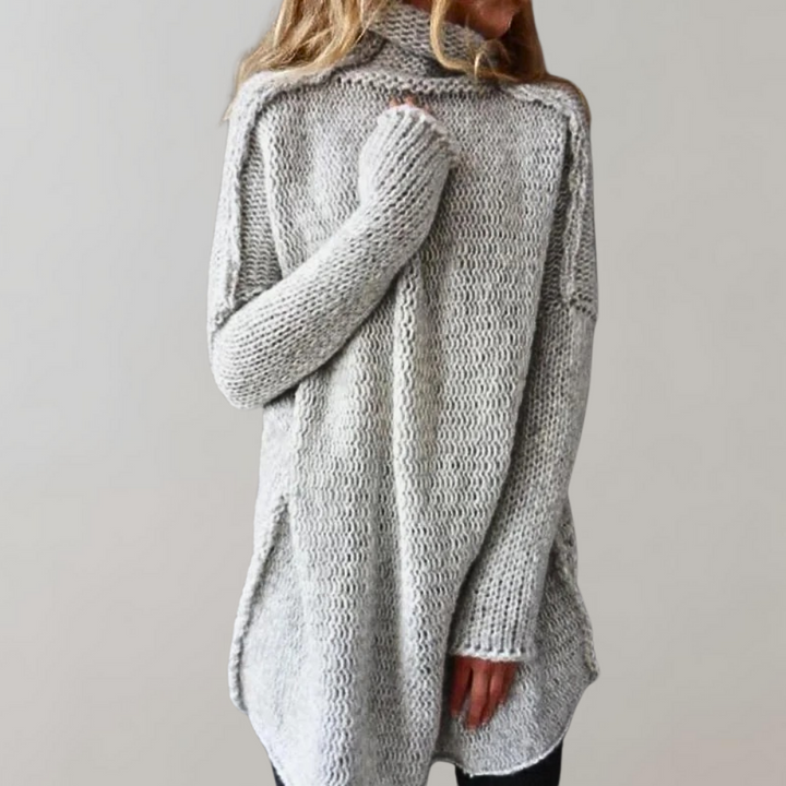 Grijze lange damestrui met col, gebreid design, casual en comfortabel, perfect voor herfst en winter. Modieuze oversized pasvorm.