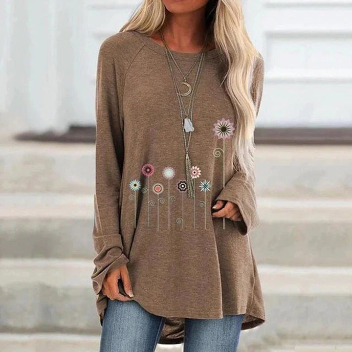 Khaki damestrui met lange mouwen en bloemenprint, casual stijl, ideaal voor herfstmode. Comfortabele pasvorm, perfect te combineren met jeans.