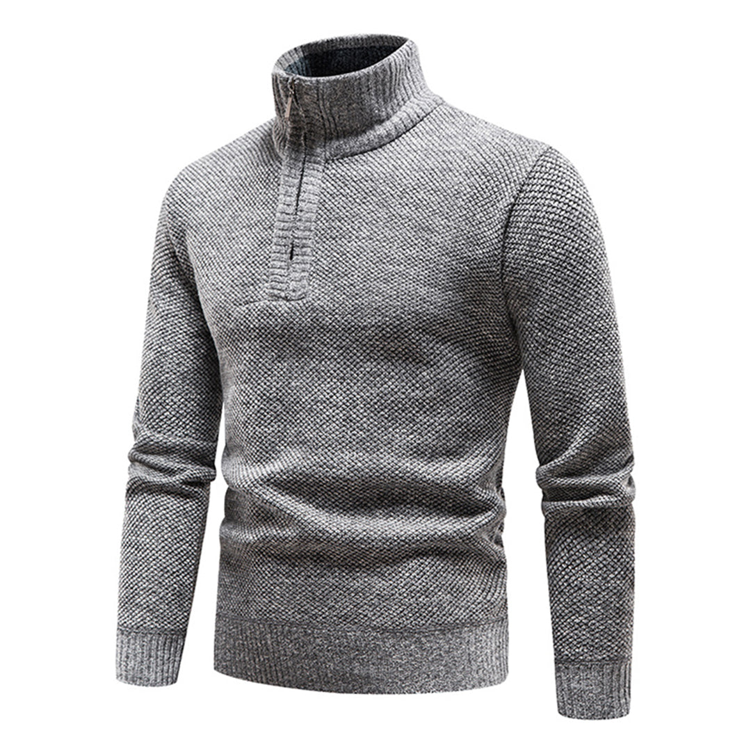 Lichtgrijze herentrui met opstaande kraag en knoopsluiting, gebreid patroon, warme wintermode, stijlvolle casual kleding, comfortabele pasvorm.
