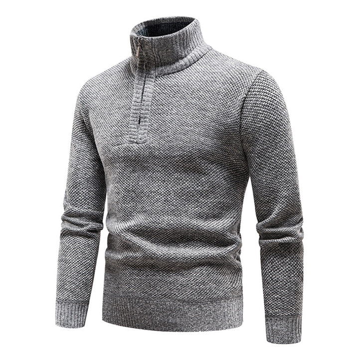 Lichtgrijze herentrui met opstaande kraag en knoopsluiting, gebreid patroon, warme wintermode, stijlvolle casual kleding, comfortabele pasvorm.