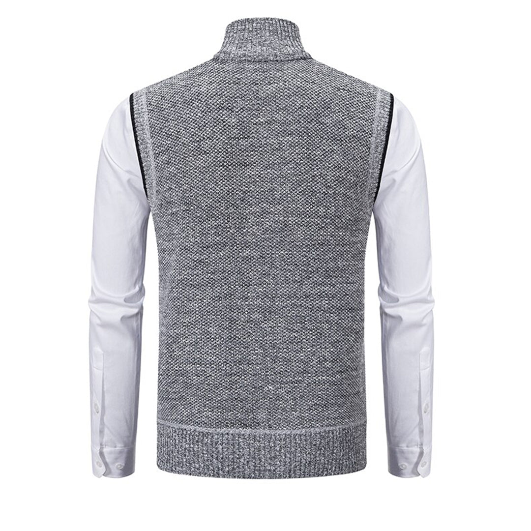 Grijze herenvest met hoge kraag, gebreid patroon en witte mouwen. Stijlvolle en moderne kleding voor casual en formele gelegenheden.