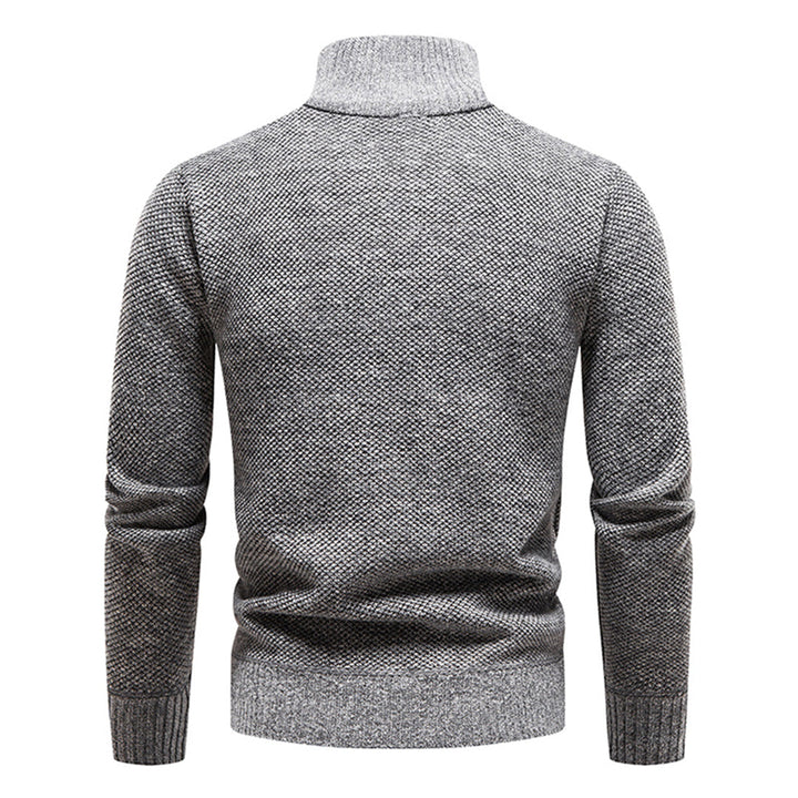 Lichtgrijze herentrui met col, gebreid patroon, lange mouwen. Stijlvolle en warme winterkleding, ideaal voor casual en formele gelegenheden.