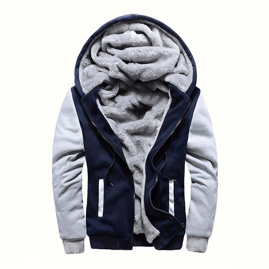 Lichtgrijze en donkerblauwe heren hoodie met zachte fleece voering, rits en capuchon. Perfect voor wintermode en casual outfits.